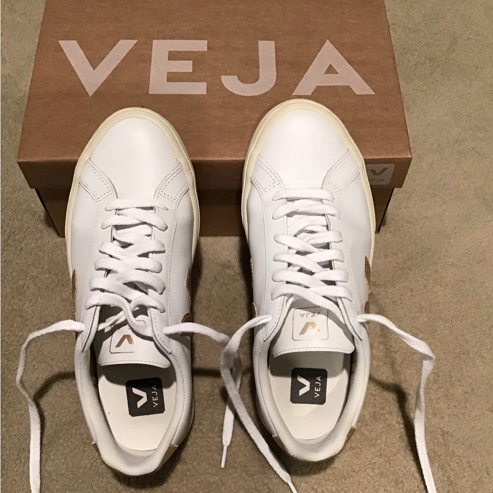 Veja Women's White and Gold Accent Sneakers - Picture 2 of 7